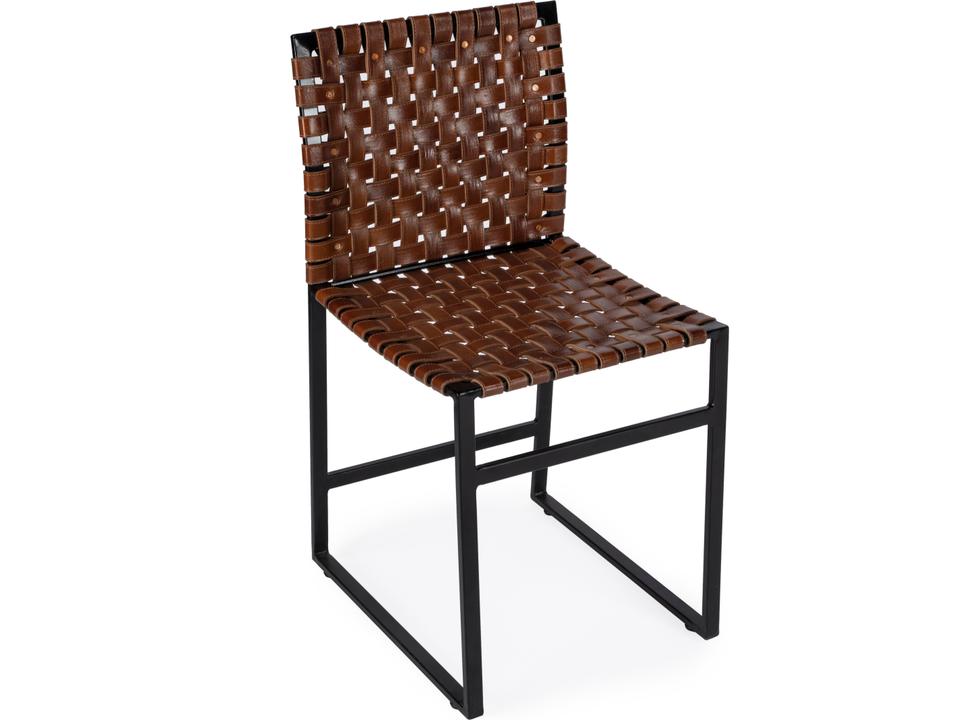 Urban Upholstered Dining Side Chair in Brown Woven Leather and Black Metal