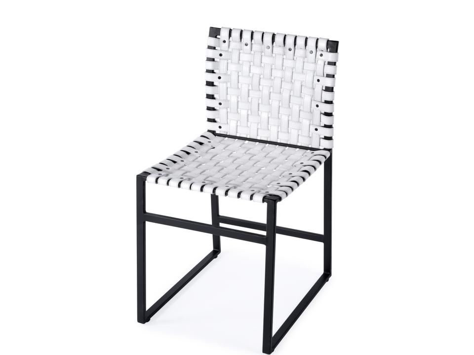 Urban Upholstered Dining Side Chair in White Woven Leather and Black Iron