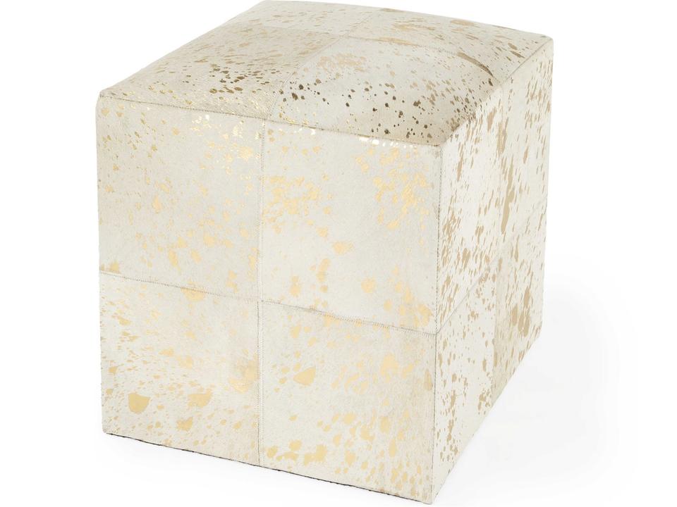 Victorian Hair on Hide Cube Ottoman in White with Gold Accents