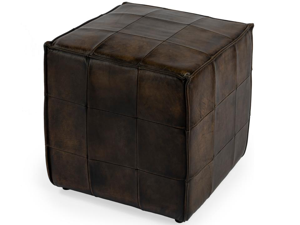 Leon Patchwork Leather Cube Ottoman Dark Brown