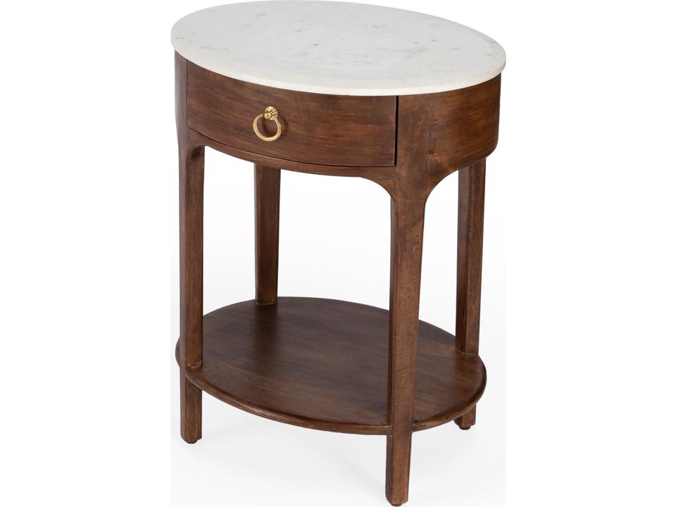 Ellen 1-Drawer Oval Nightstand with White Marble Top in Medium Brown