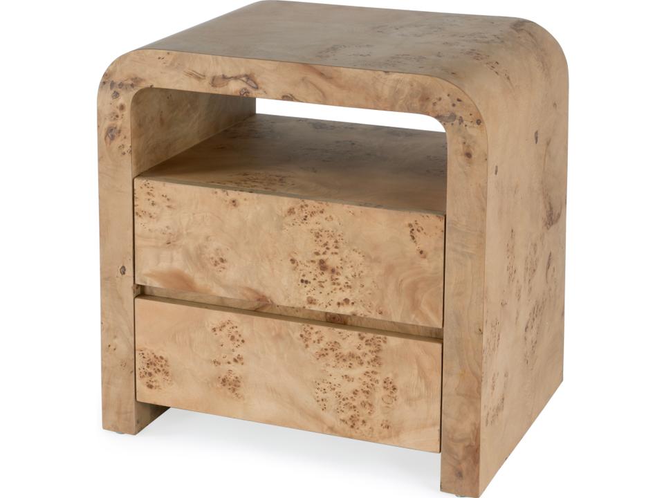 Specialty Cora 2-Drawer Nightstand with Open Shelf in Light Brown Mappa Burl