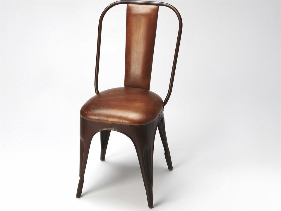 Riggins Iron and Leather Dining Side Chair in Medium Brown