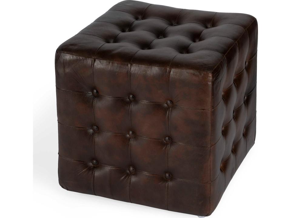 Leon Square Button Tufted Leather Ottoman in Chocolate Brown