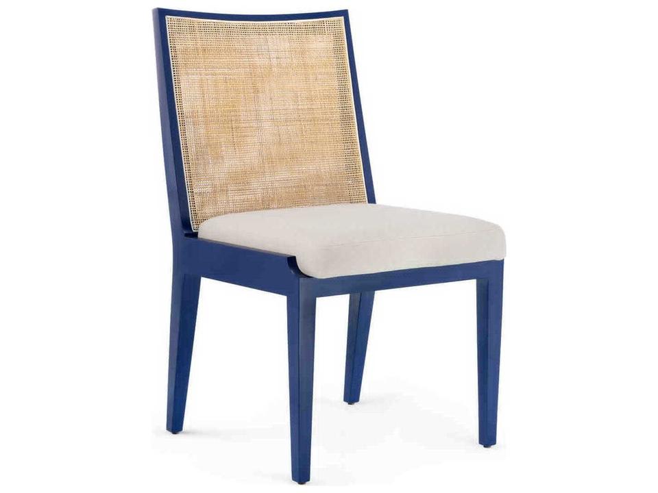 Ernest Upholstered Dining Side Chair in Lacquered Mahogany with Deep Sea Blue Cushion