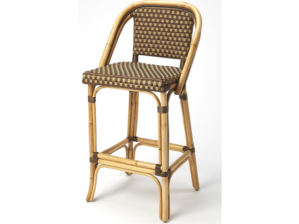 Butler Specialty Company Lila Rattan Bar Stool with Back and Footrest in Medium Brown