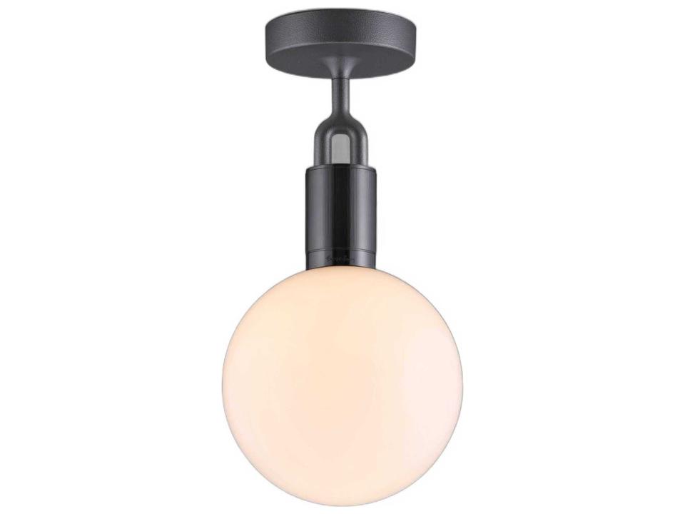 Forked 1-Light Semi-Flush Mount Ceiling Light in Gun Metal with Handblown Opal Globe