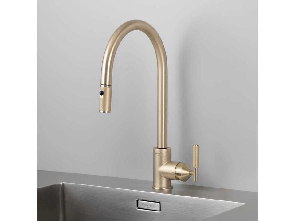 Brass Pull-Out Kitchen Faucet With Dual Spray And Knurled Details