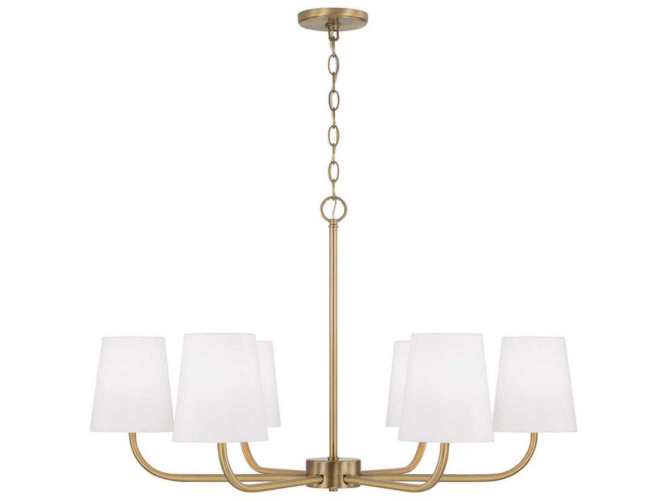6-Light Brody Chandelier in Aged Brass with White Fabric Shades