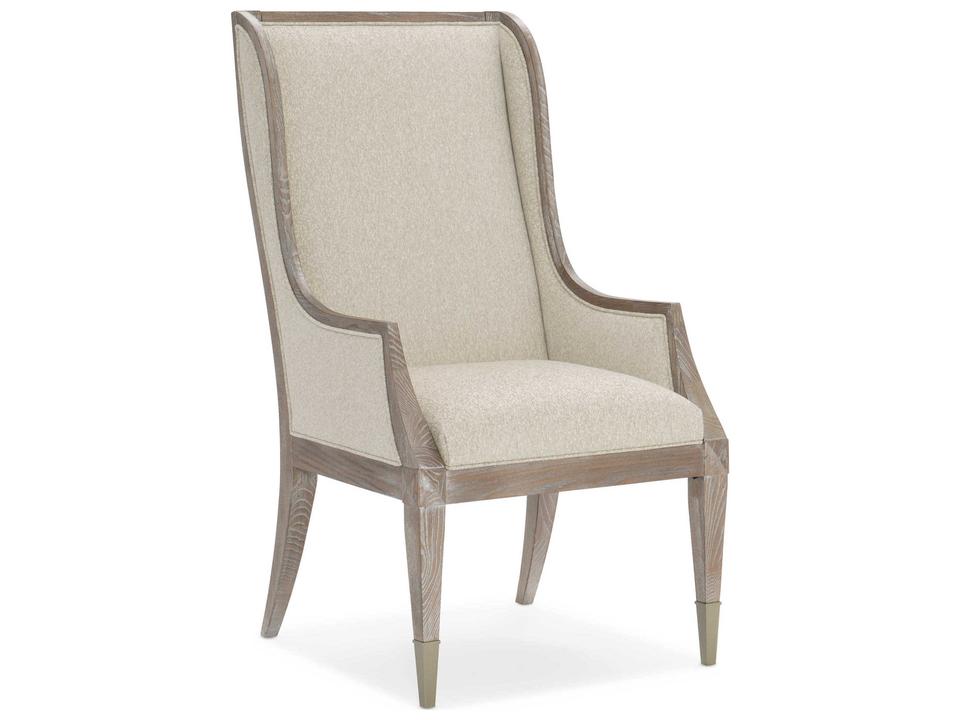 Classic Open Arms Ash Wood Beige Upholstered Dining Chair