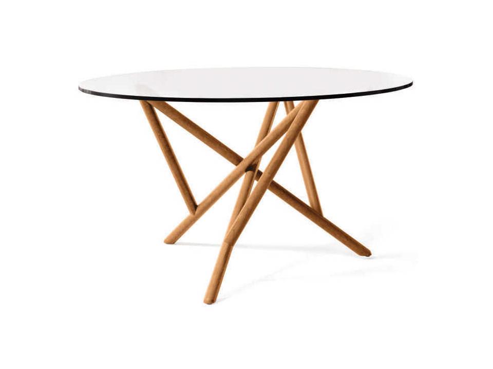 Baton 54-Inch Round Dining Table with Glass Top and Solid Wood Base