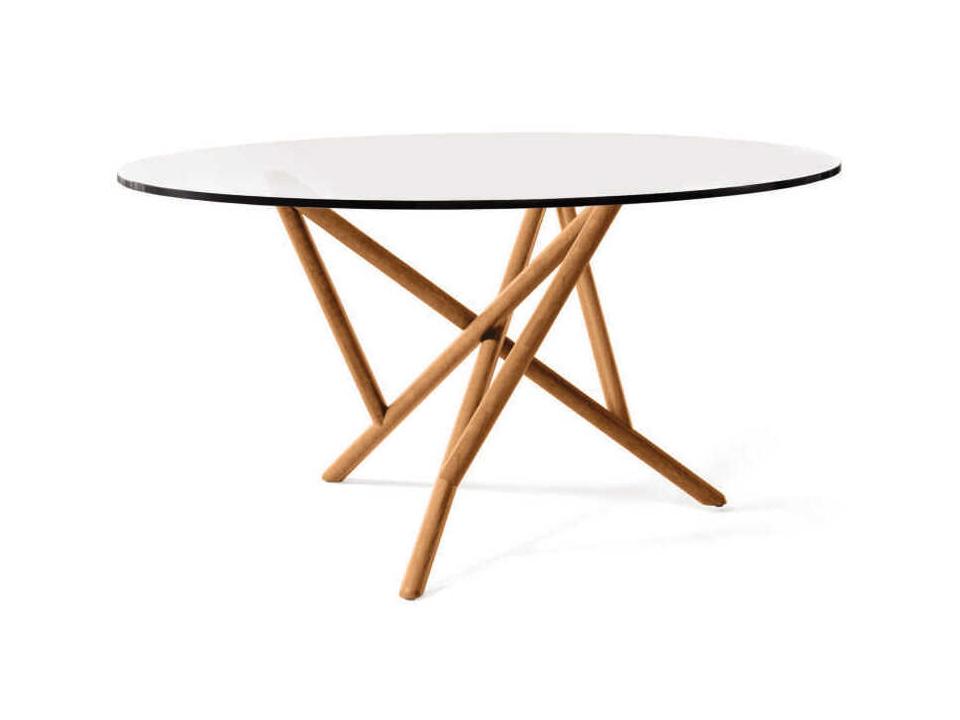Baton 60-Inch Round Glass Top Dining Table in Natural Walnut