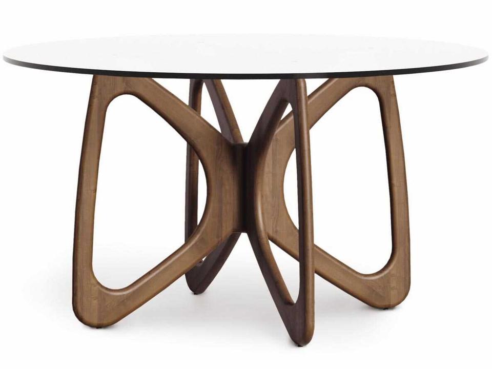 Butterfly Round Glass Dining Table in Natural Walnut and Clear Tempered Glass
