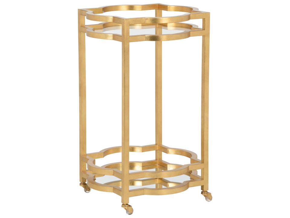 Lisa Kahn Quatrefoil Bar Cart in Gold with Glass Top