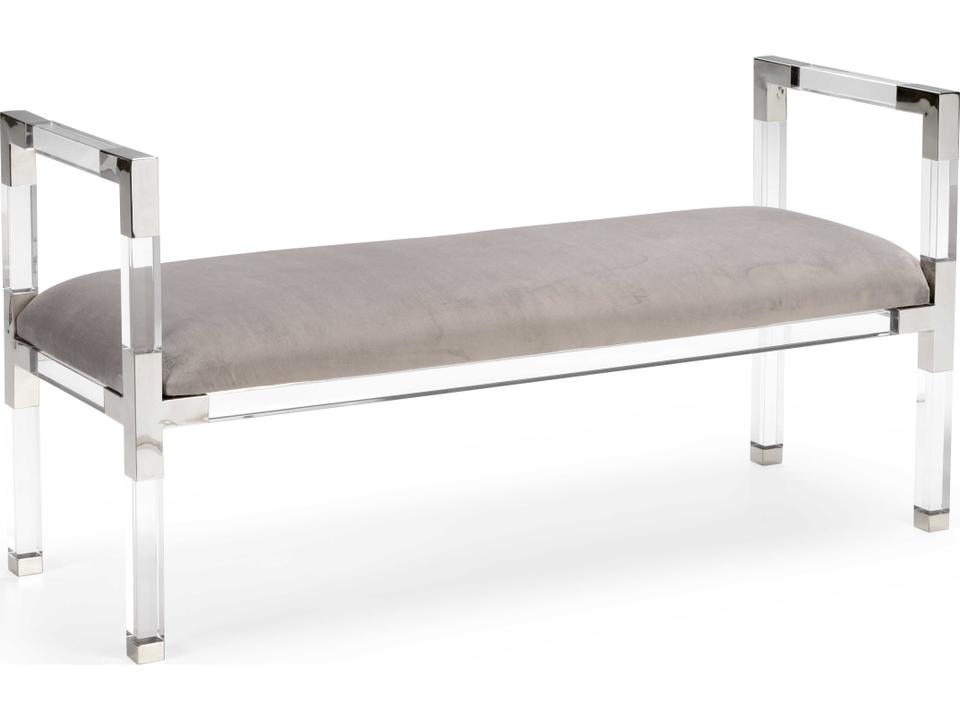 Clear Acrylic Polished Nickel Accent Bench with Gray Upholstery