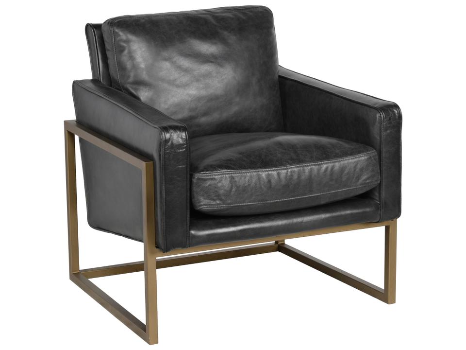 Ken Upholstered Accent Chair in Black Top Grain Leather and Brass