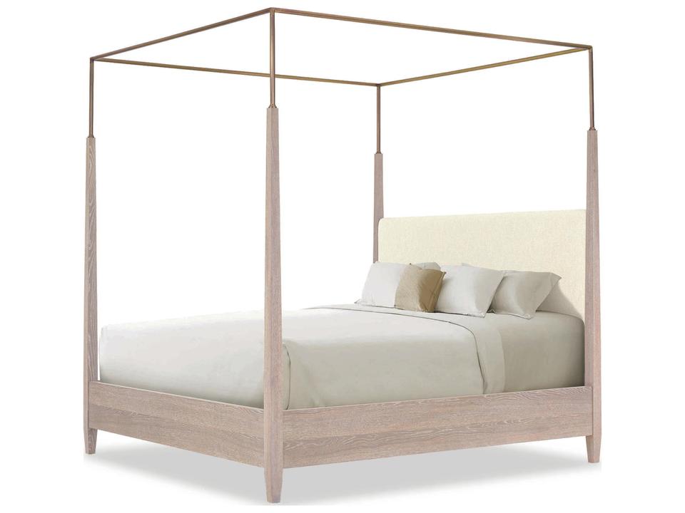 Cadence King Metal Canopy Poster Bed in Sand Cerused and Antique Brass