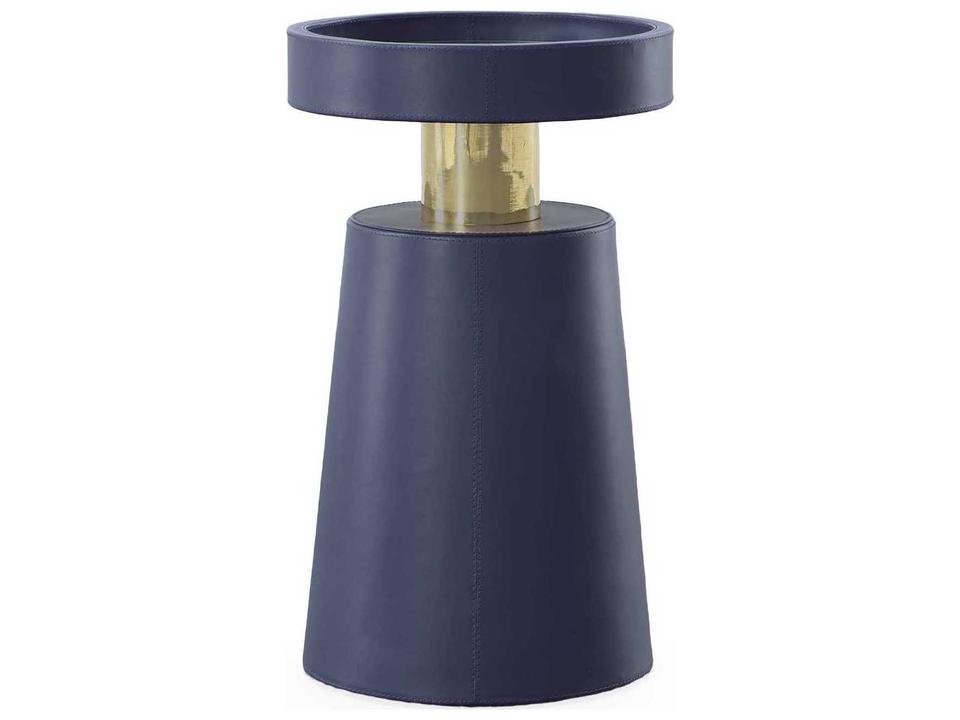 Grand Tour Juno Round Leather Accent Table in Navy Blue with Antique Brass