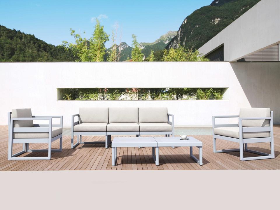 Mykonos 5 Person Resin Lounge Set with Natural Acrylic Cushions in Silver