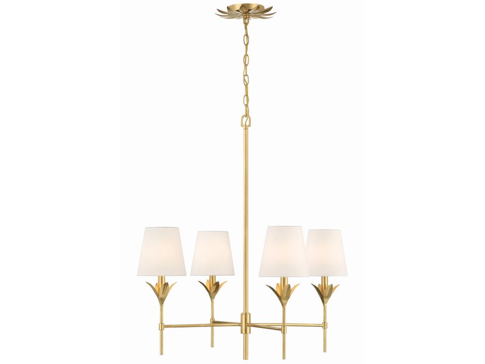 4-Light Broche Chandelier with White Linen Shades in Antique Gold