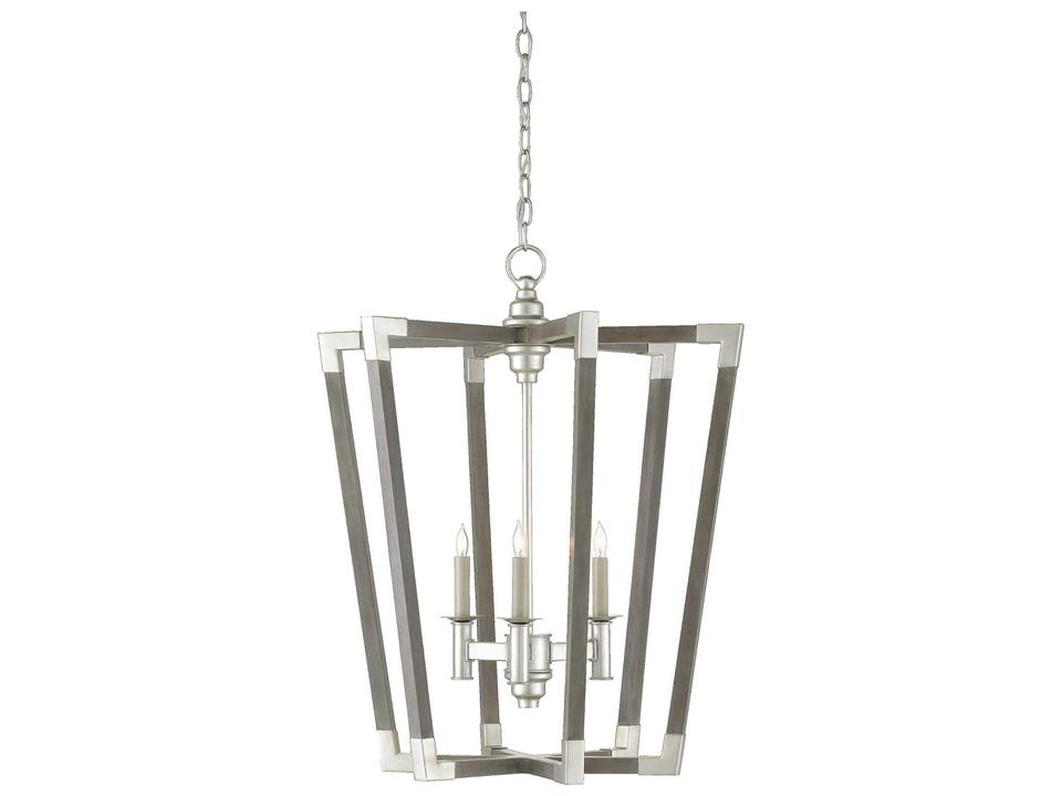 Currey and Company 3-Light Bastian Lantern Chandelier in Chateau Gray and Silver Leaf