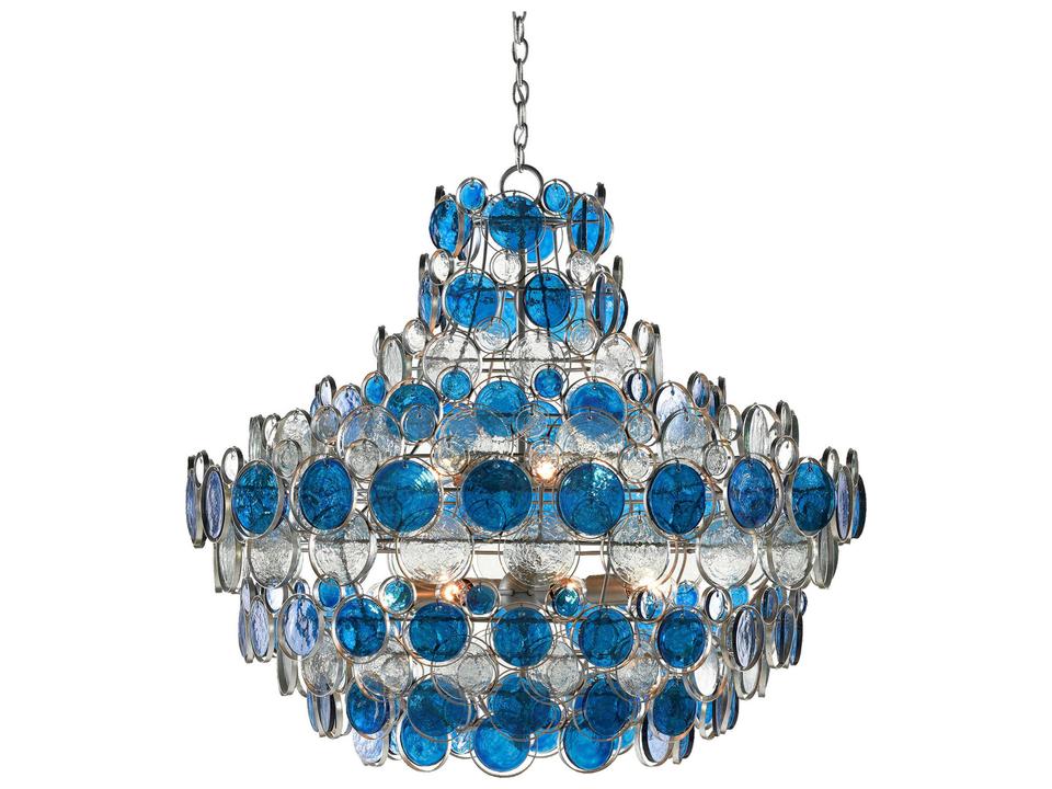 Currey and Company Galahad 12-Light Chandelier in Contemporary Silver Leaf and Blue
