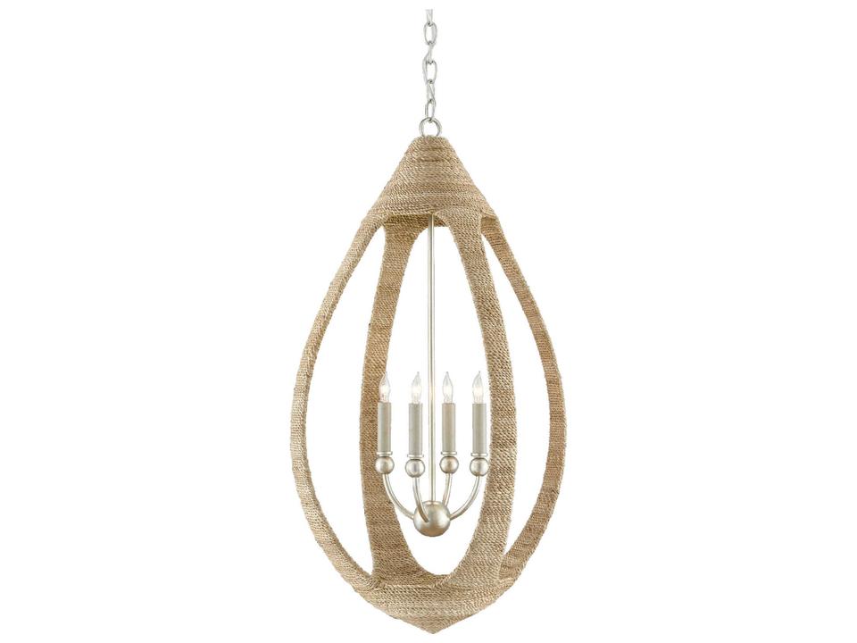 Currey and Company 4-Light Menorca Chandelier in Natural Abaca Rope and Contemporary Silver Leaf