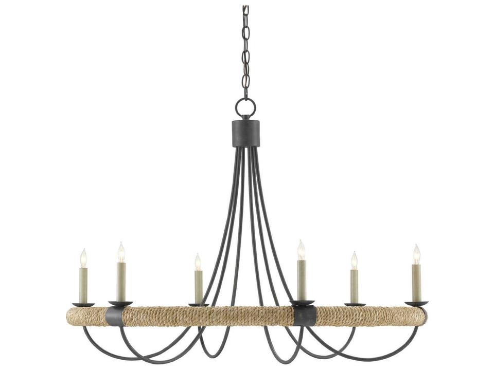 Currey and Company 6-Light Shipwright Chandelier in French Black and Abaca Rope