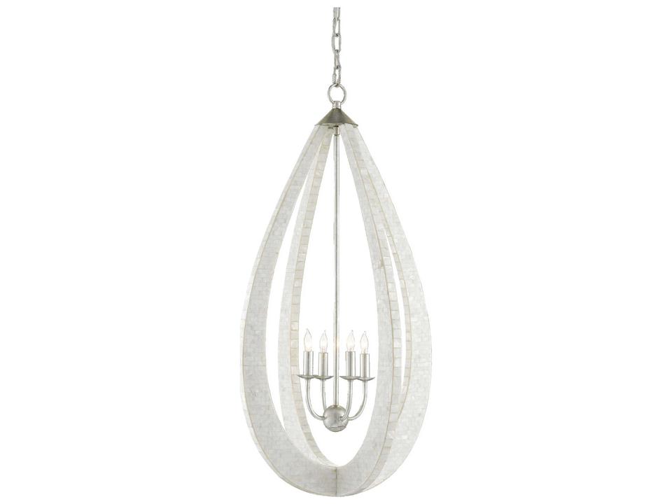 Currey and Company 4-Light Arietta Teardrop Chandelier in White Pearl and Silver Leaf
