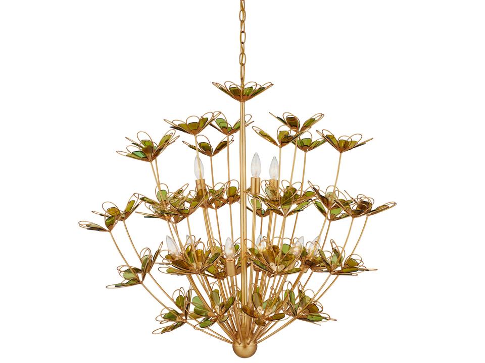 Currey and Company 9-Light Midsummer Chandelier in Gold and Green Glass