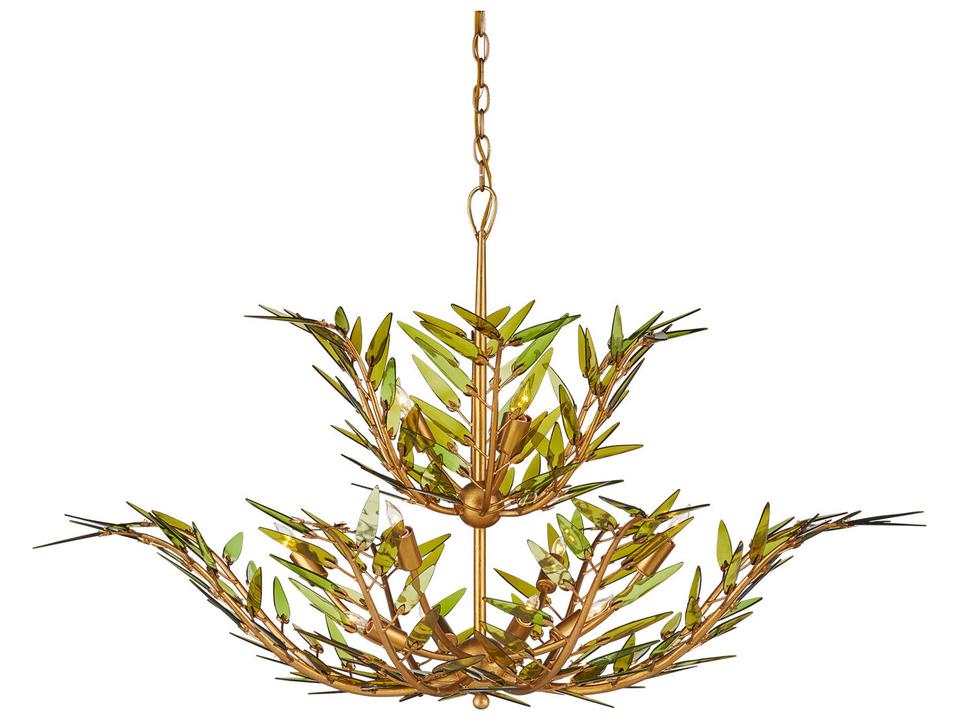 Currey and Company 11-Light Babylon Chandelier in Green and Contemporary Gold Leaf
