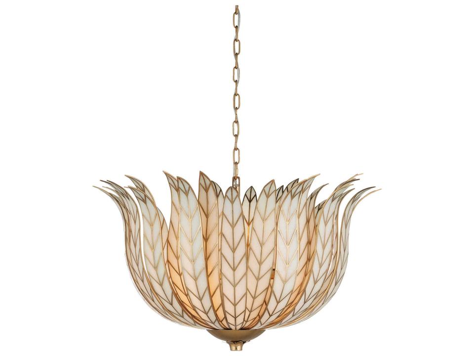 Currey and Company 3-Light Lamina Bowl Chandelier in Antique Brass and Off-White