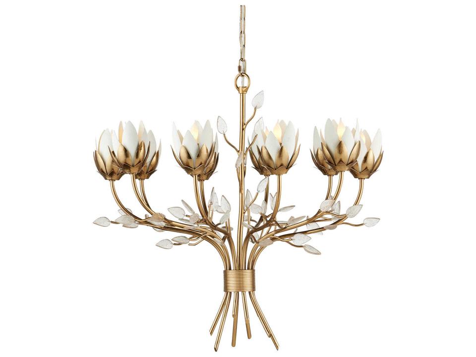Currey and Company 10-Light Star Magnolia Chandelier in Antique Brass and White