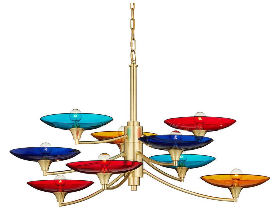 Currey and Company 9-Light Veneto Chandelier with Colorful Glass Discs and Polished Brass