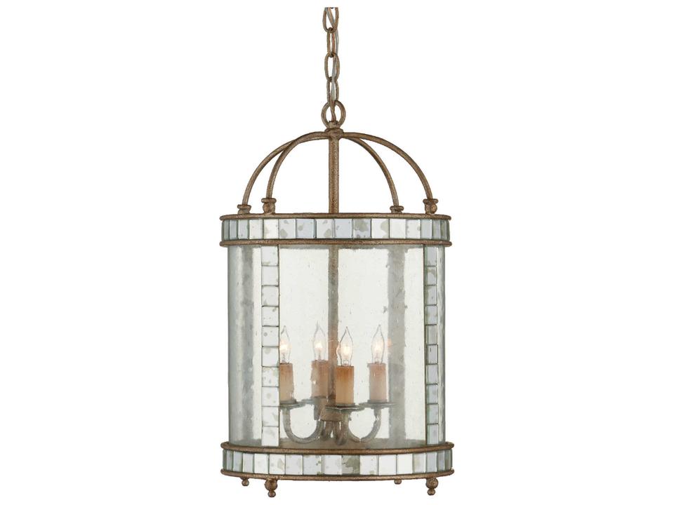 Currey and Company 4-Light Corsica Small Lantern Chandelier in Harlow Silver Leaf and Antique Mirror