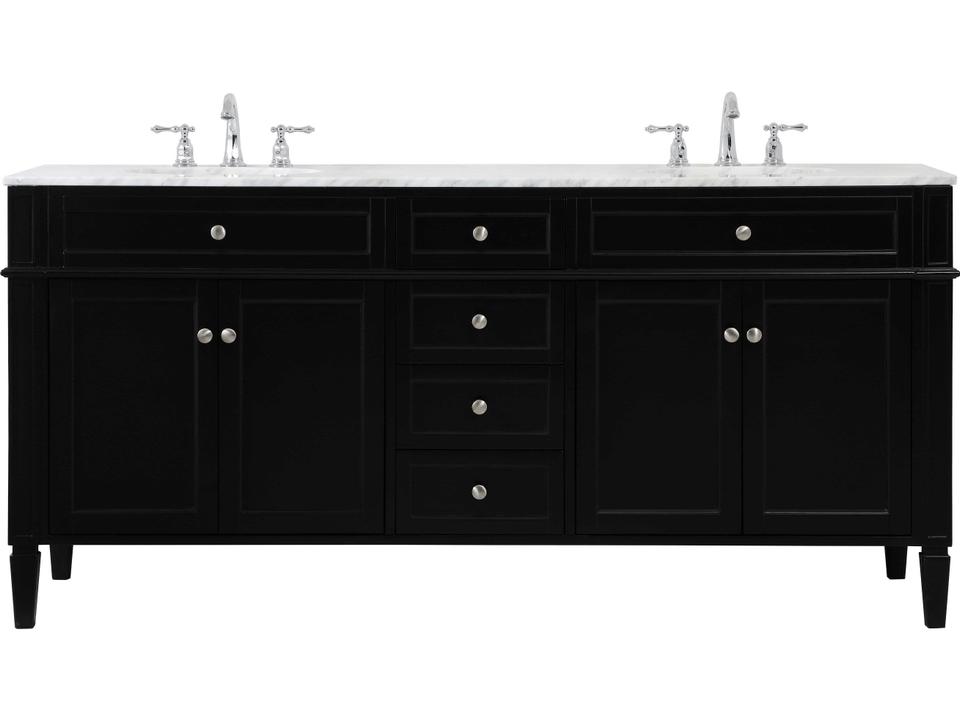 Park Avenue 72 Inch Double Bathroom Vanity in Black with Carrara Marble Top