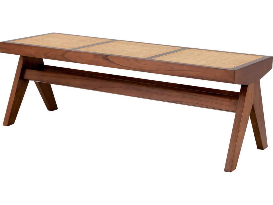 Arnaud Mid-Century Modern Wood and Rattan Bench in Classic Brown