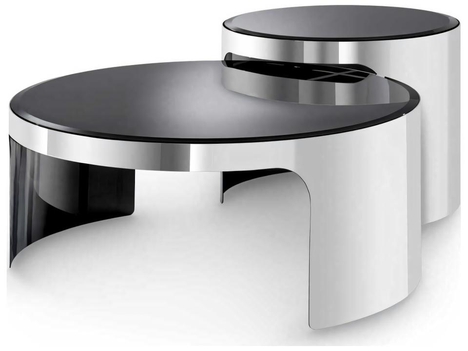 Piemonte Polished Stainless Steel Set of 2 Coffee Tables with Black Beveled Glass