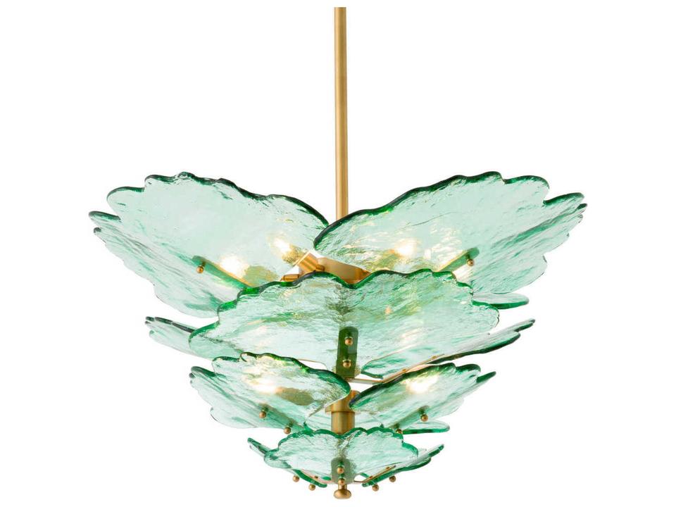 Florina 9-Light Chandelier in Antique Brass and Green Glass