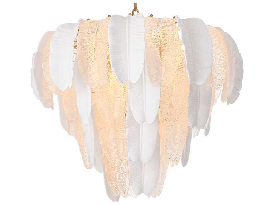Saint Lucia Chandelier with White Ceramic and Textured Glass in Antique Brass