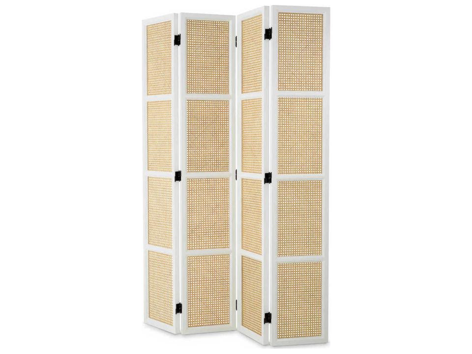 Bahamas Piano White Folding Screen with Natural Cane and Glass Panels