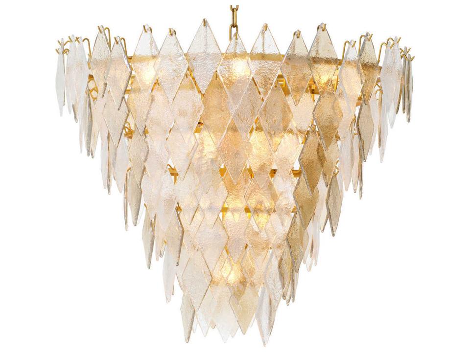 Rhombus L 17-Light Chandelier in Antique Brass and Handmade Glass