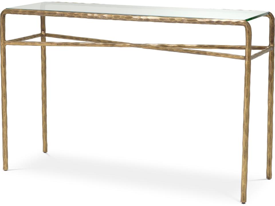Xandria Rectangular Console Table with Vintage Brass Finish and Clear Glass