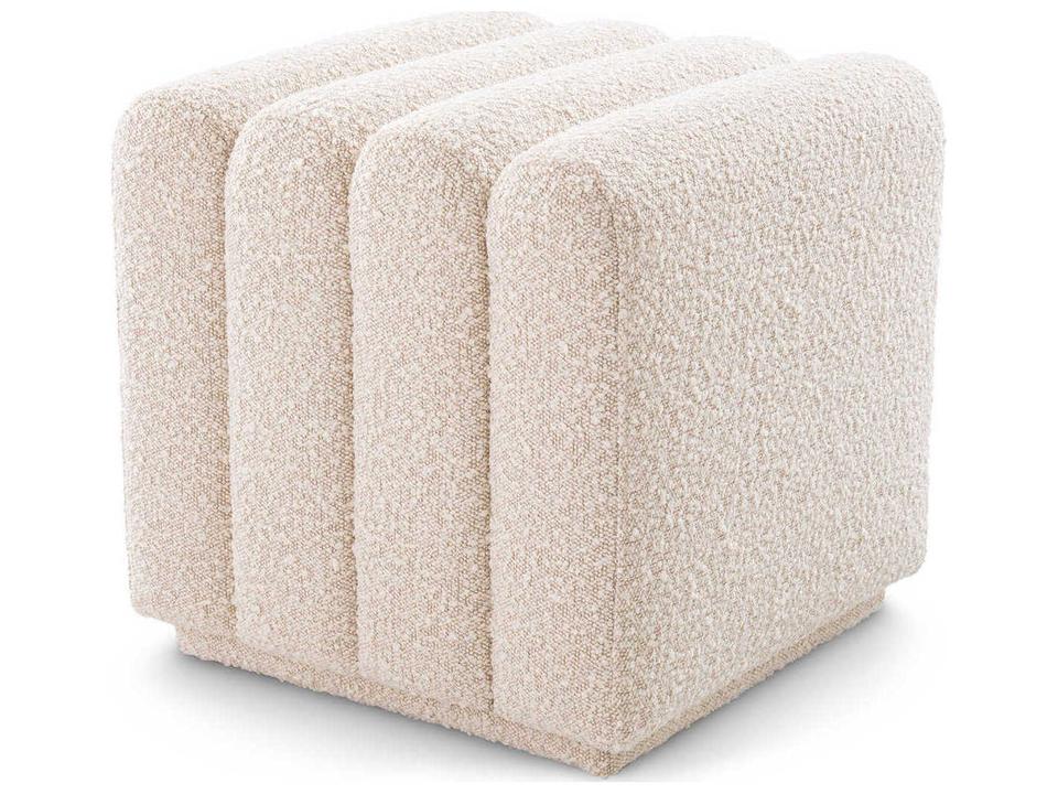 Bente Boucle Cream Upholstered Accent Stool with Deep Channel Stitching