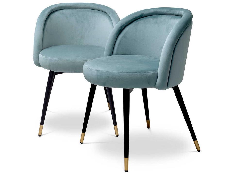 Chloe Blue Velvet Upholstered Dining Side Chair Set of 2 with Brass Caps