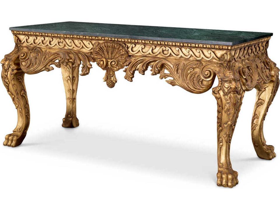 Matthias Rectangular Console Table in Green Marble and Antique Gold Finish