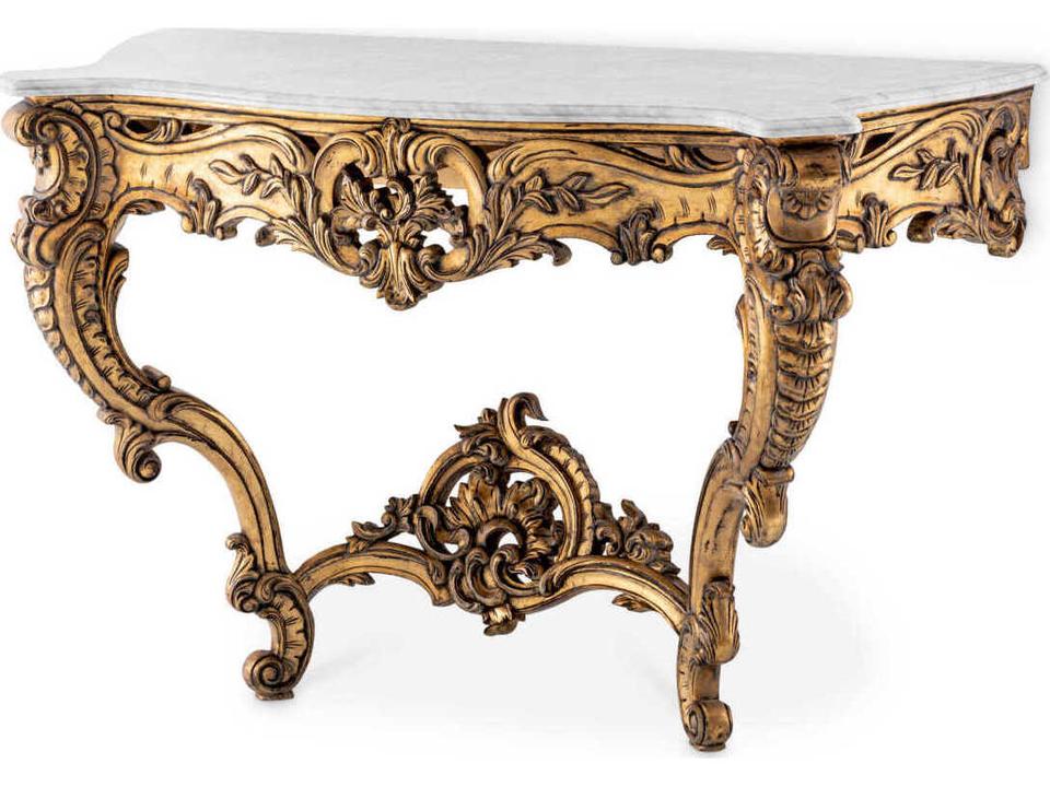 Rococo Rectangular Antique Gold White Marble Console Table
