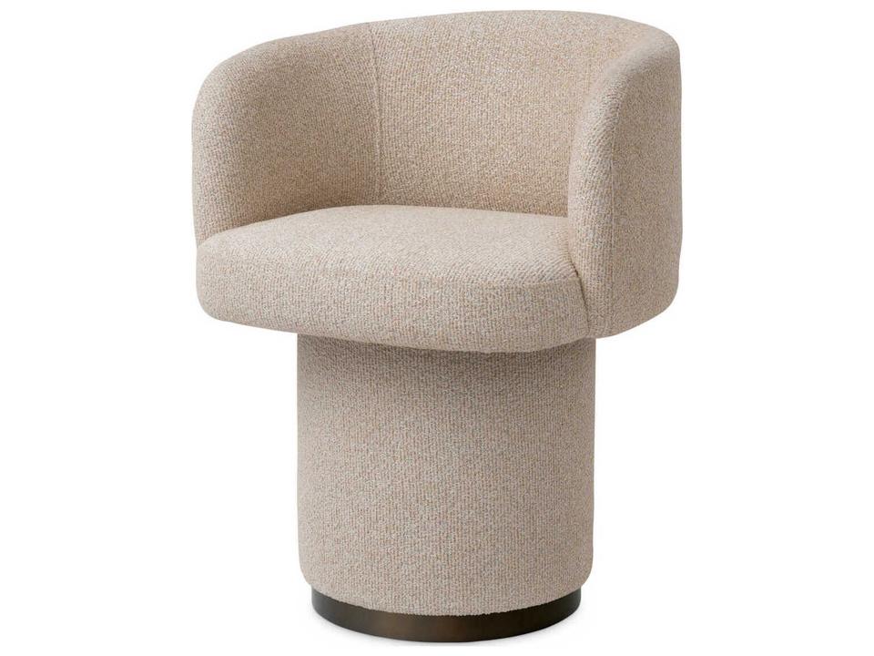 Marly Upholstered Arm Dining Chair in Vaux Jacquard Beige with Bronze Swivel Base