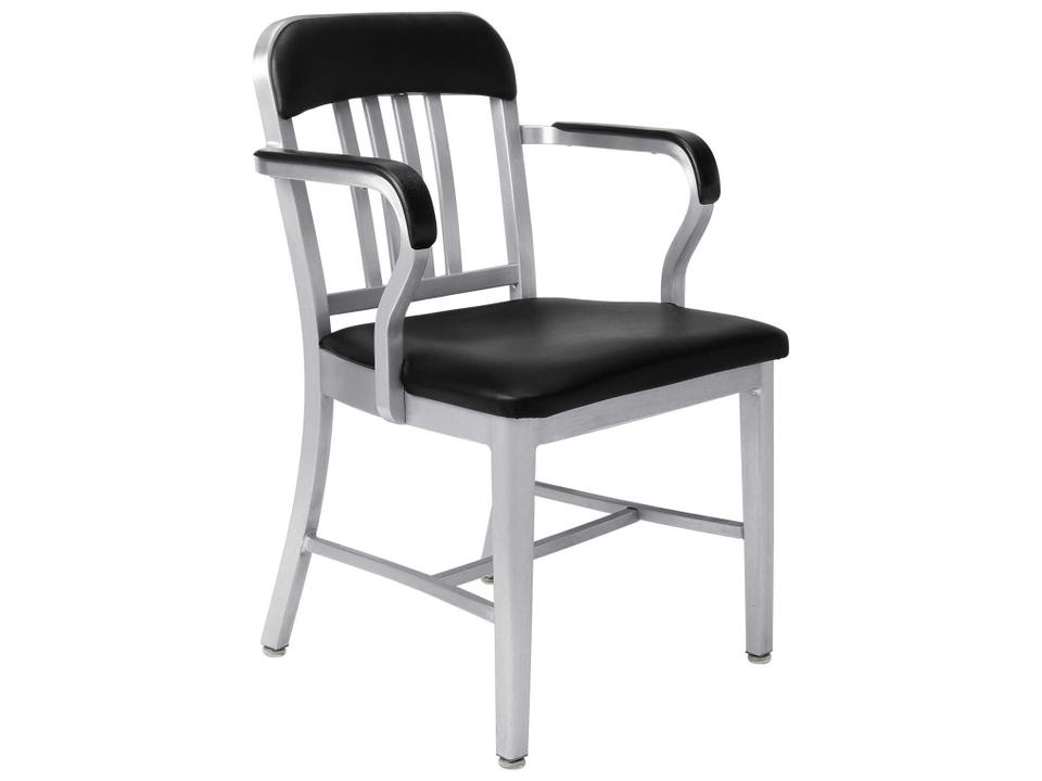 Navy Aluminum Dining Arm Chair with Maharam Ledger Upholstered Seat