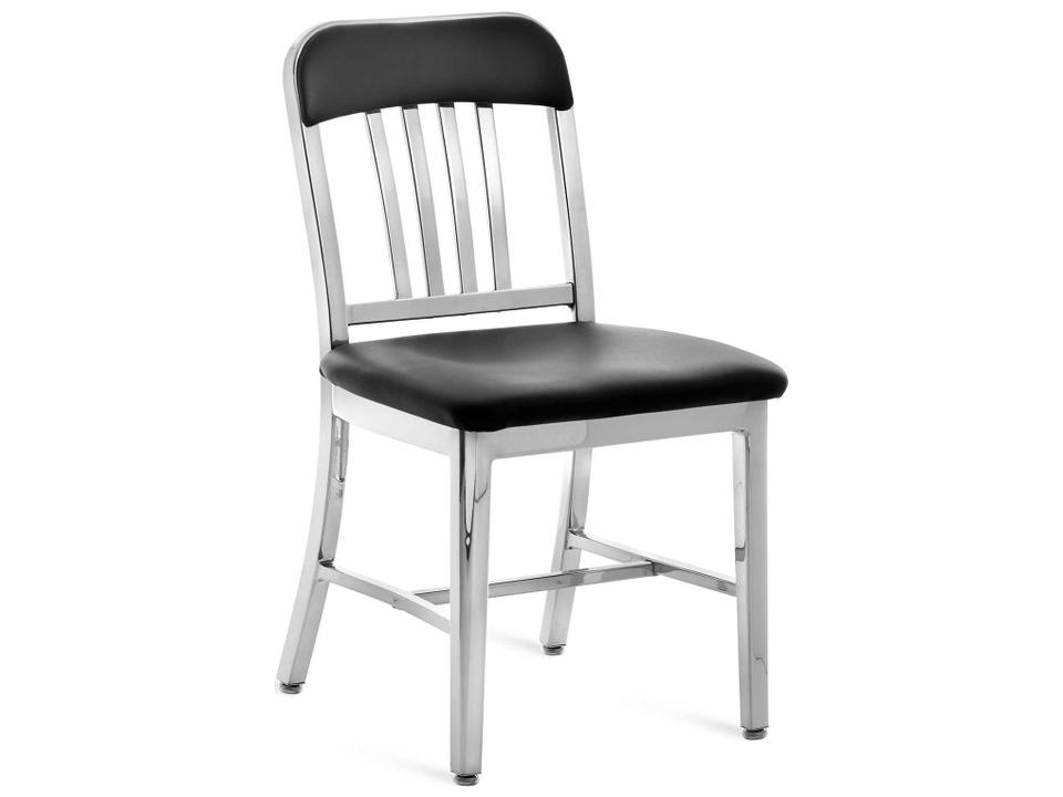 Navy Aluminum Dining Side Chair with Maharam Ledger Upholstered Seat